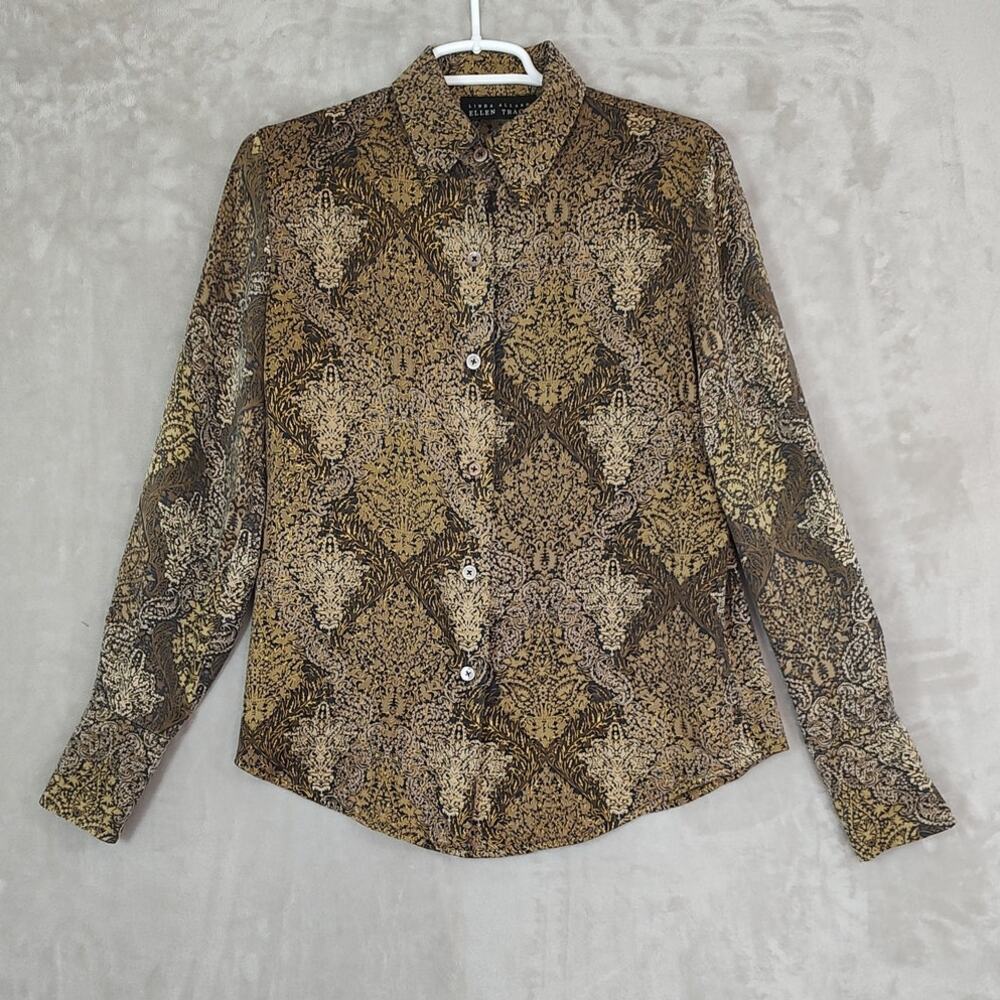 Linda Allard Ellen Tracy 100% Silk Paisley Blouse Size 6 Vintage Gold and Brown